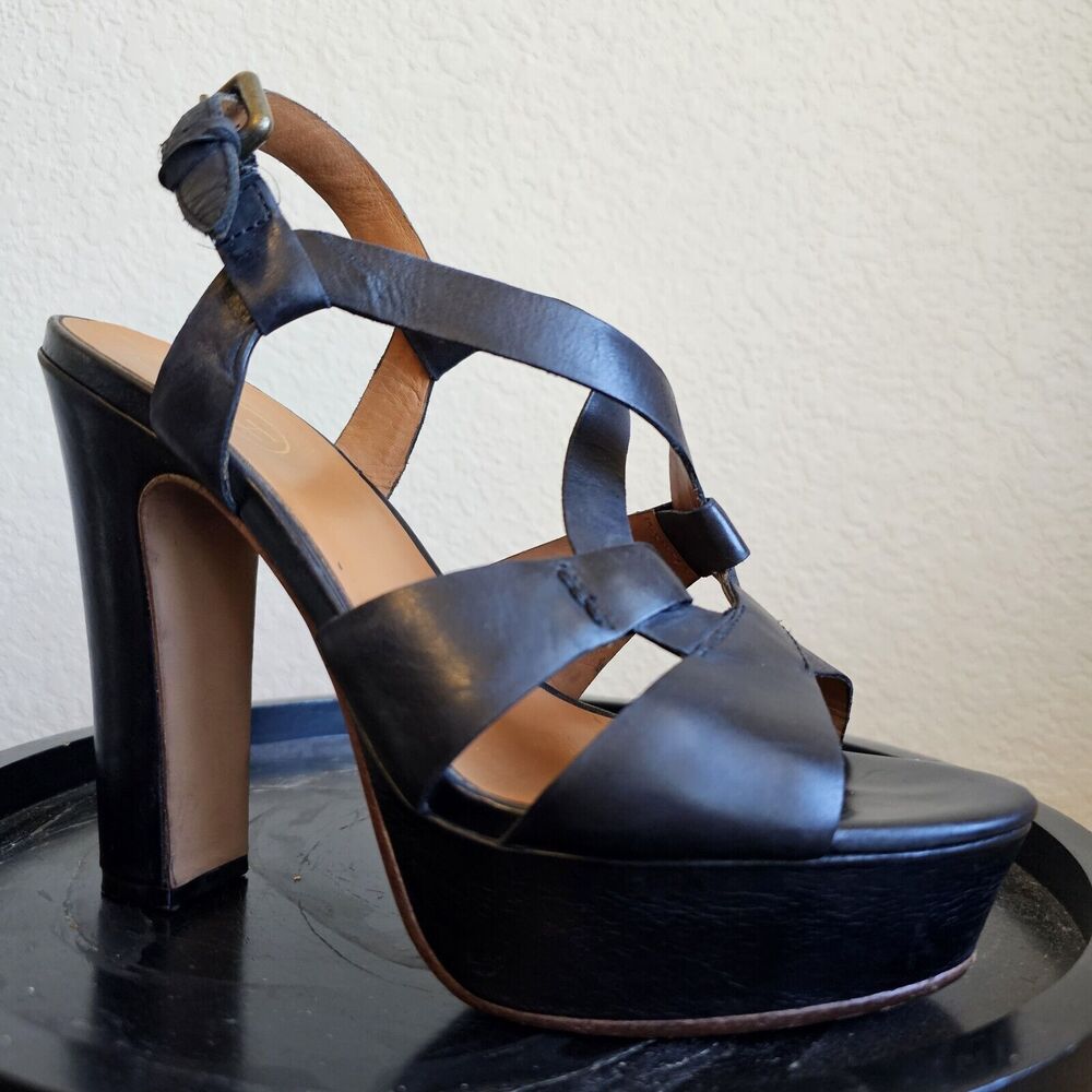 Ash Womens Black Leather Open Toe Ankle Strap Cut Out Platform Heels Size 37